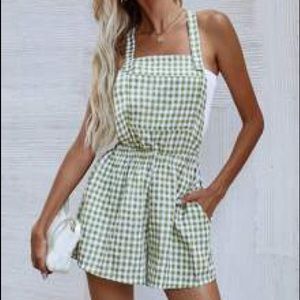 NWT GREEN GINGHAM OVERALL ROMPER